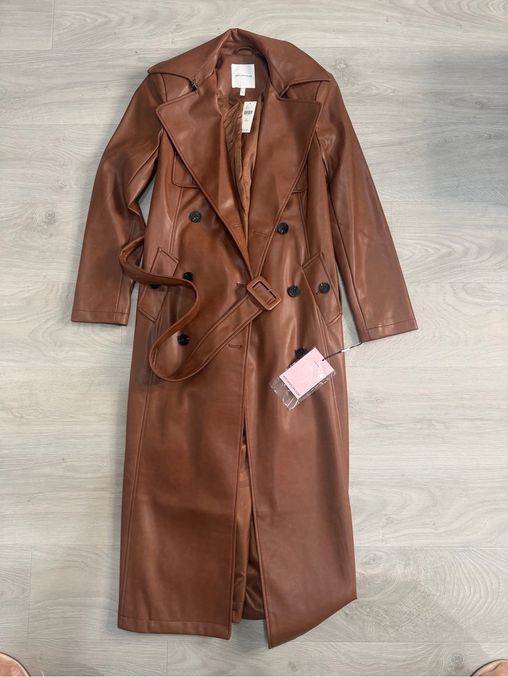 Anthropologie Brown Faux Leather Double-Breasted Trench Coat